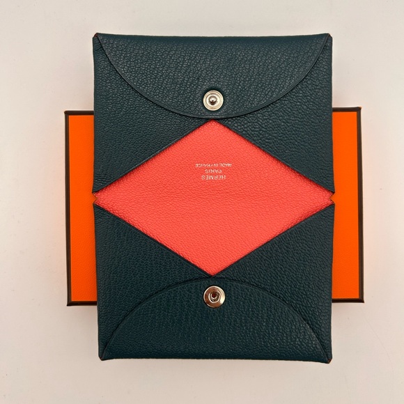 Hermes Chevre Mysore Calvi case Coin Verso rose azalee vert bosphore  With Box - Picture 1 of 12